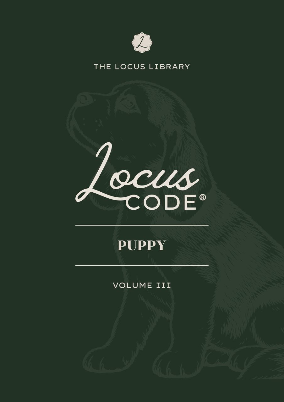 Locus CODE, Puppy, Volume Three by Alisa Groen, the forest green jacket as printed today