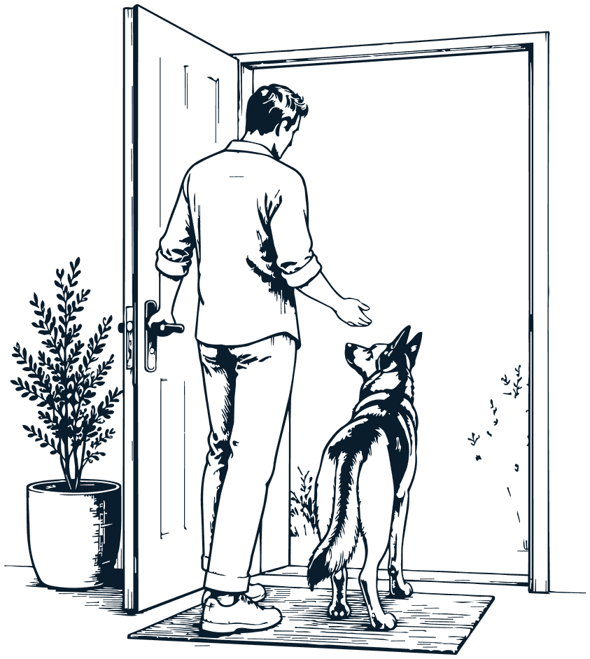 A man holds the front door open, his other hand out, as his dog waits looking up