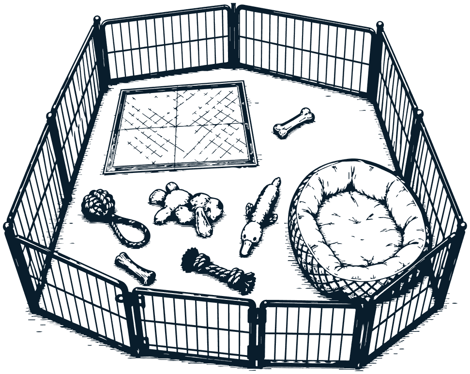 A puppy pen with a round bed, a toilet pad and a few toys inside