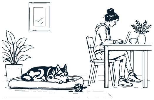 A dog lying on its bed, chin on its paws, while a woman works at a desk nearby