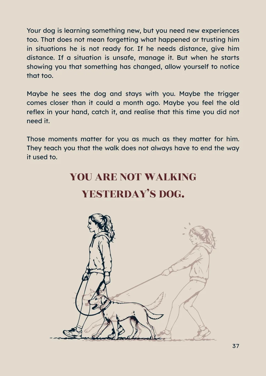 A page from Reactivity: the dog that stays with you, under the line You are not walking yesterday’s dog, with a drawing of an owner and her dog walking on a loose leash, the old pulling walk faded behind them